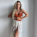 Three-piece backless push up bikini set with skirt in solid colour, showing top, panties, and skirt components in creamy white or reddish brown