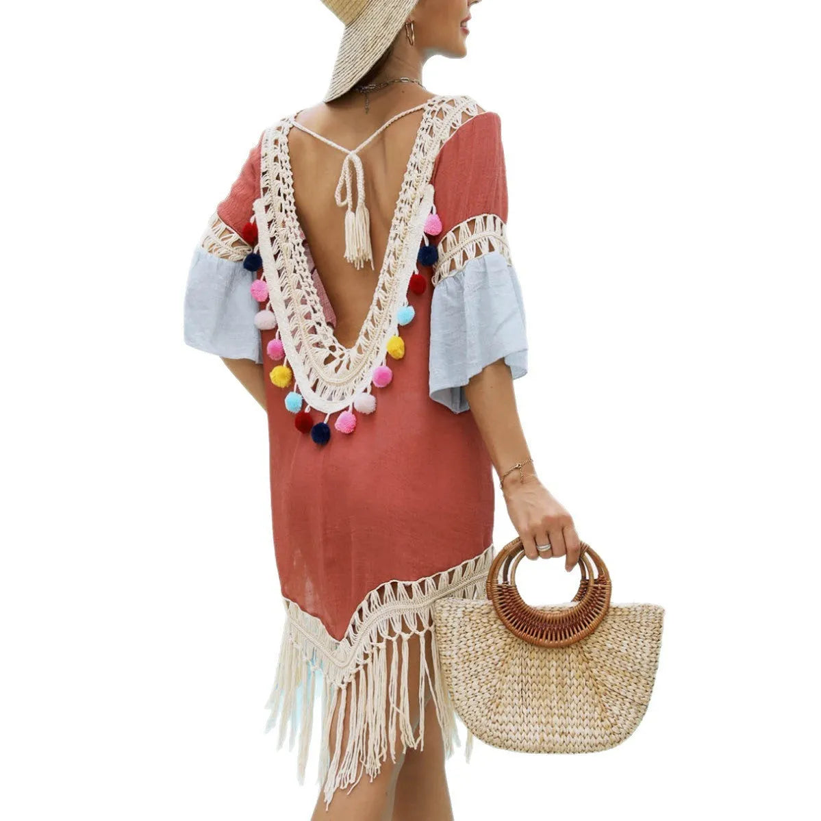 Orange floral beach overskirt with hand crochet detail and tassels, free size design