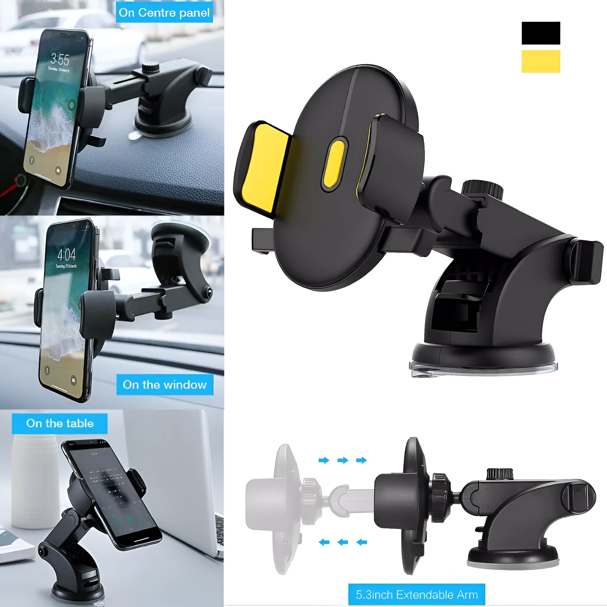Yellow and black car phone holder with telescopic arm and suction cup mount on dashboard
