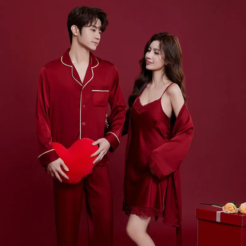 Red festive ice silk wedding dowry suit set for men and women with long sleeves and trousers