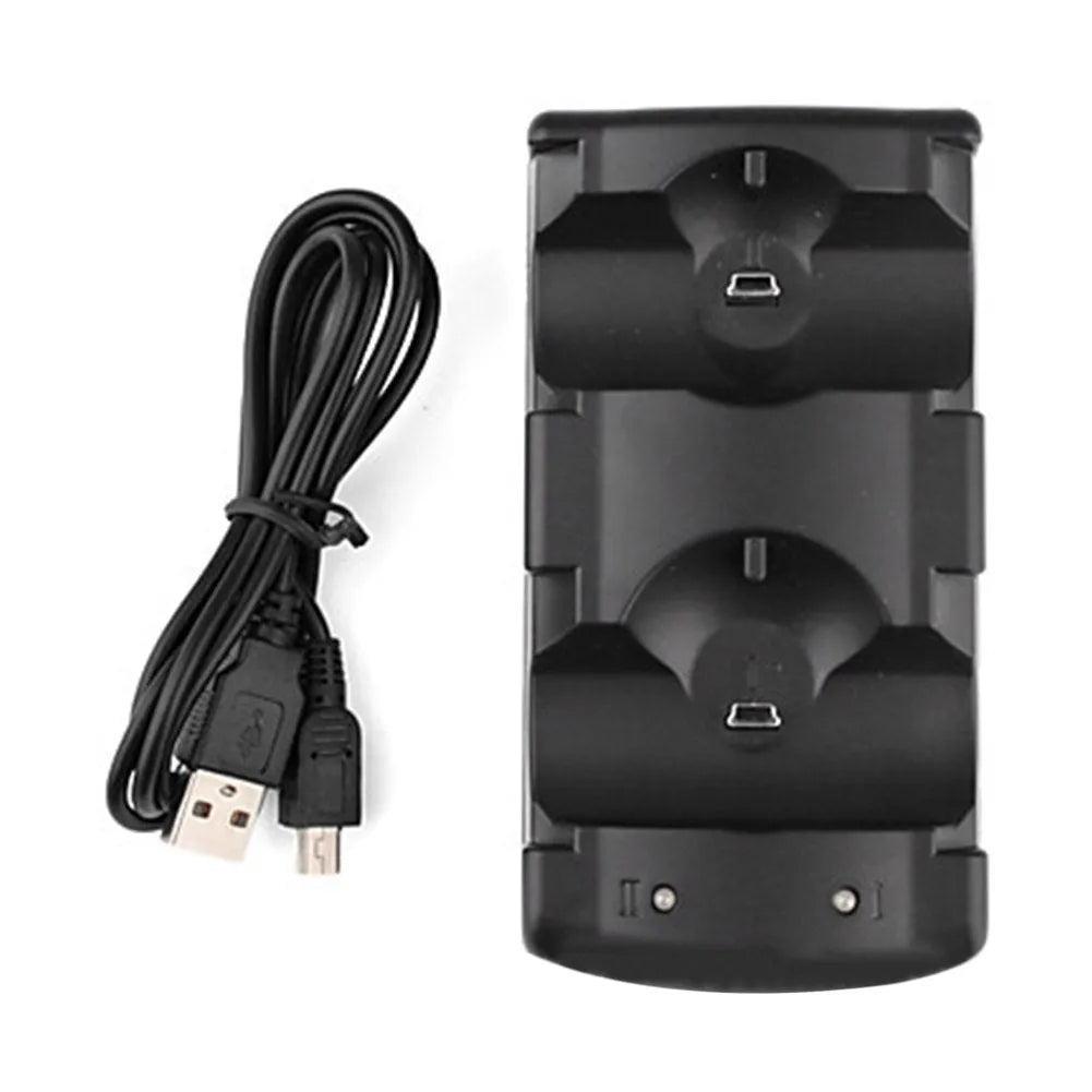 Black PS3 dual controller charging dock with USB cable for simultaneous wireless charging