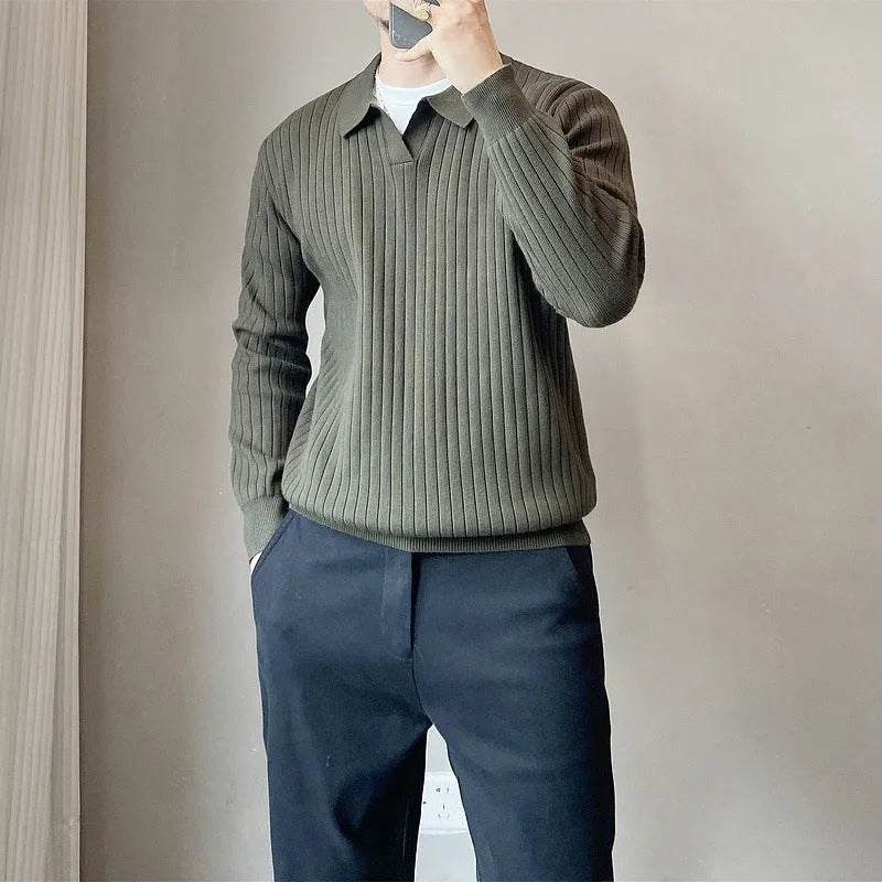 Modal rabbit fur knitted sweater with striped lapel collar in loose elastic fit