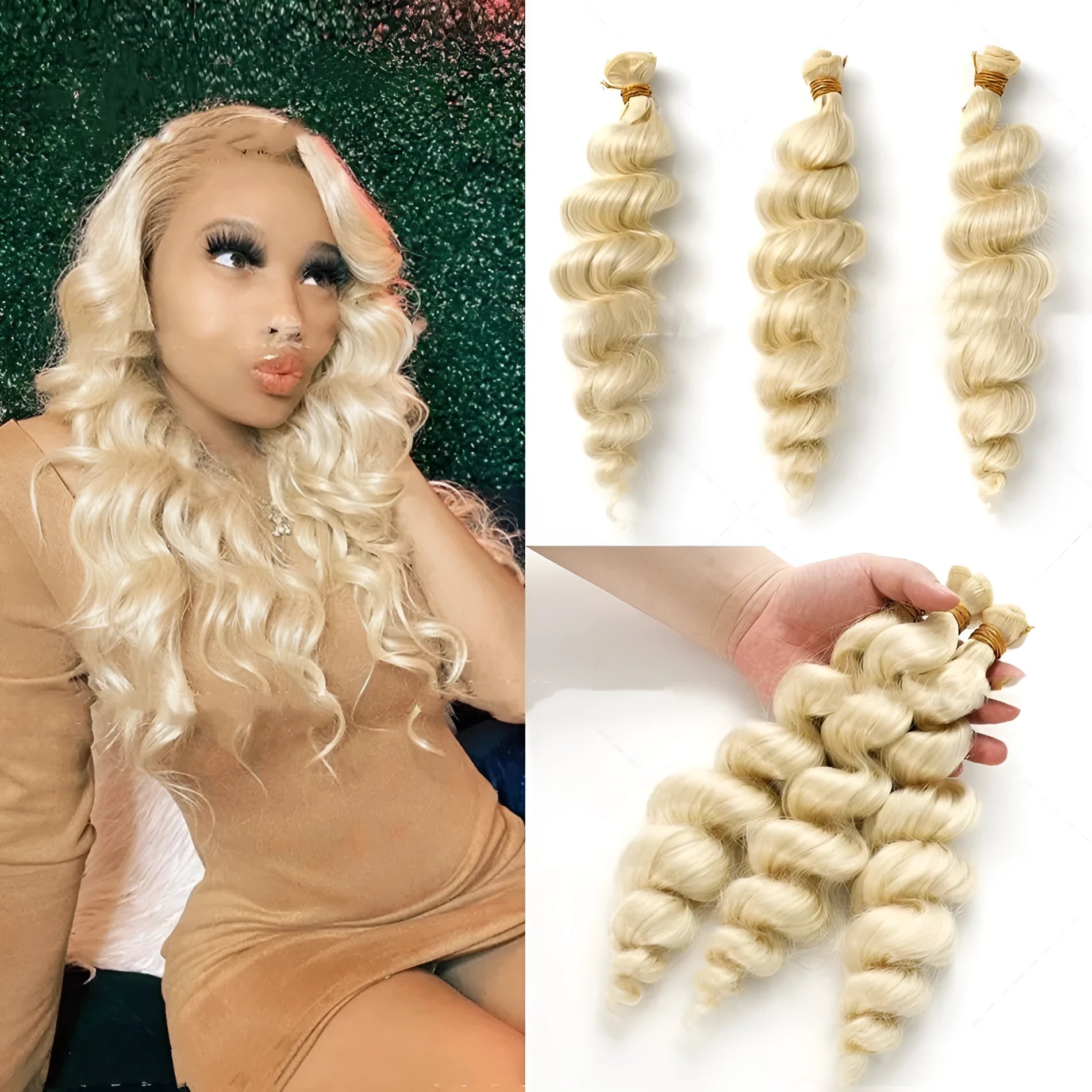 Golden blonde synthetic wig for women shown in 18, 20 and 22 inch length options.