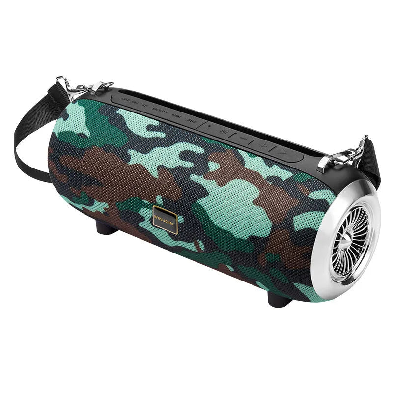 F666 Mini Bluetooth Speaker in fabric mesh finish with retractable FM antenna and shoulder strap attached