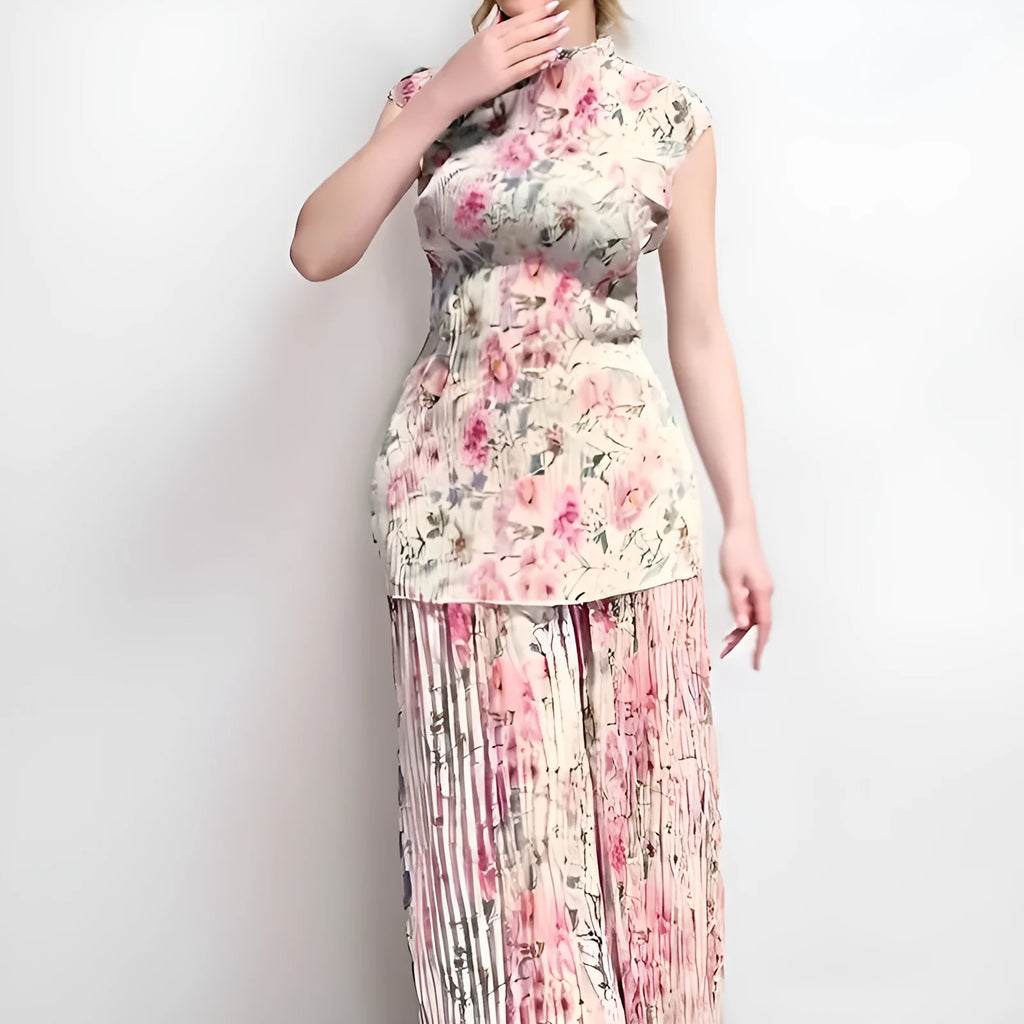 Long sleeve floral print chiffon top and high-waist skirt two-piece dress set on a hanger