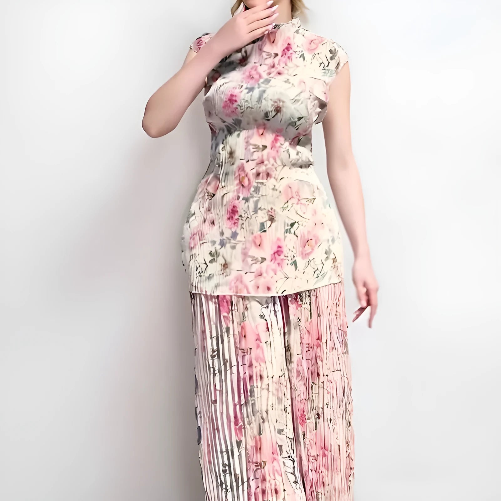 Long sleeve floral print chiffon top and high-waist skirt two-piece dress set on a hanger
