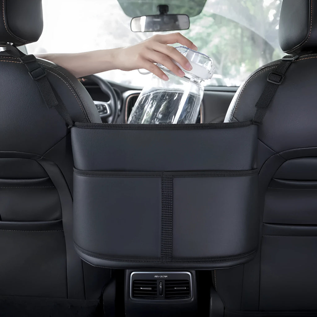Black sports carbon fibre pattern leather car seat storage bag measuring 38cm wide