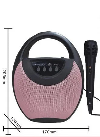 Portable Bluetooth speaker in black, blue, or pink with USB and SD card slots.