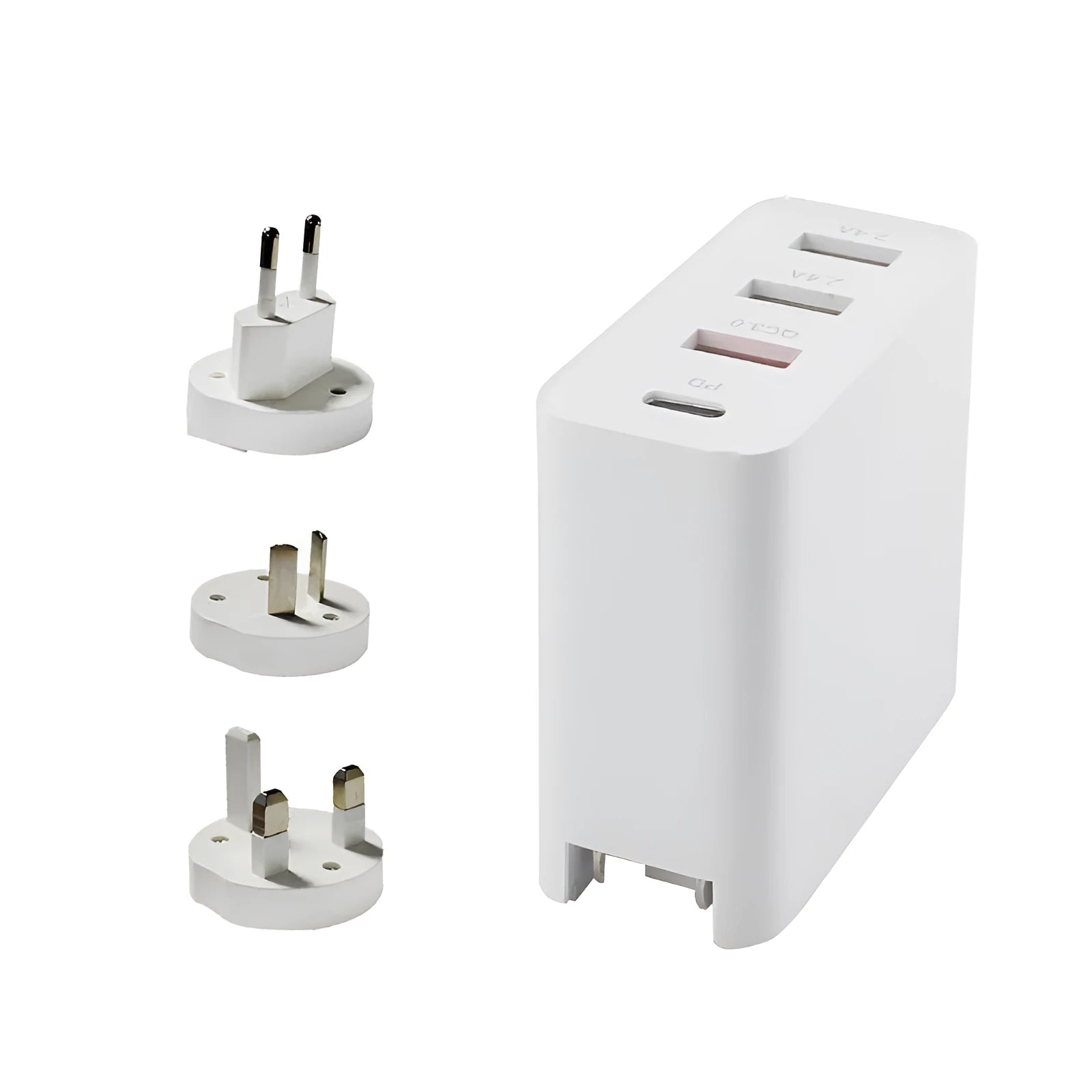Black and white 48W USB-C PD charger with four ports and AU, EU, UK, US plug adapters