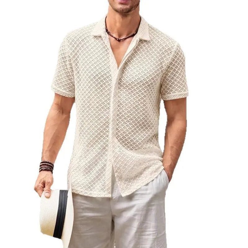 Men's short sleeve lapel collar shirt in cotton blend fabric available in multiple colours