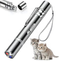 Silver aluminium alloy cat laser pointer toy with USB charging port and multiple light patterns.