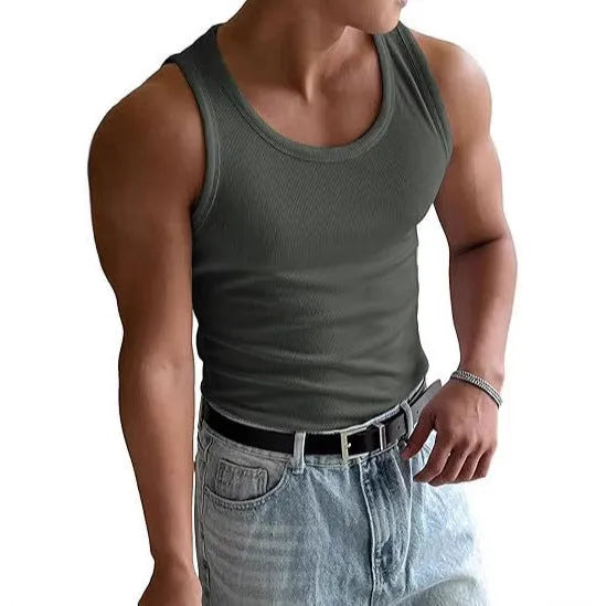 Men's tight fit round neck sports t-shirt in black, shown on a model for summer workouts.