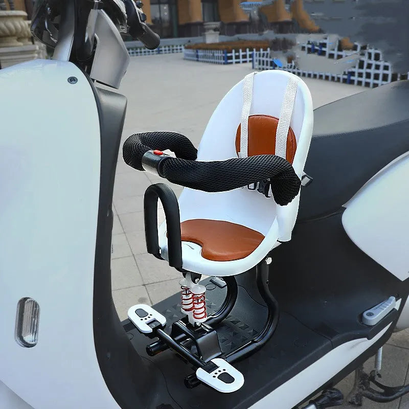 Steel-framed children's front seat for electric scooters in black, red or white