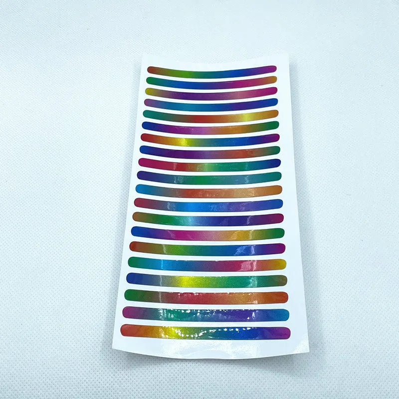 Pack of 20 arc-shaped PVC reflective stickers for car wheel hubs in assorted high-visibility colours.