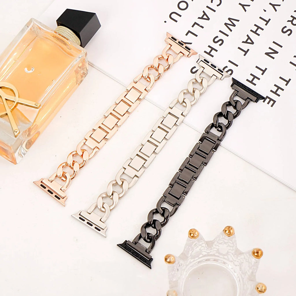 Denim chain pattern metal watch strap for Apple Watch in silver, shown with 22mm lugs.