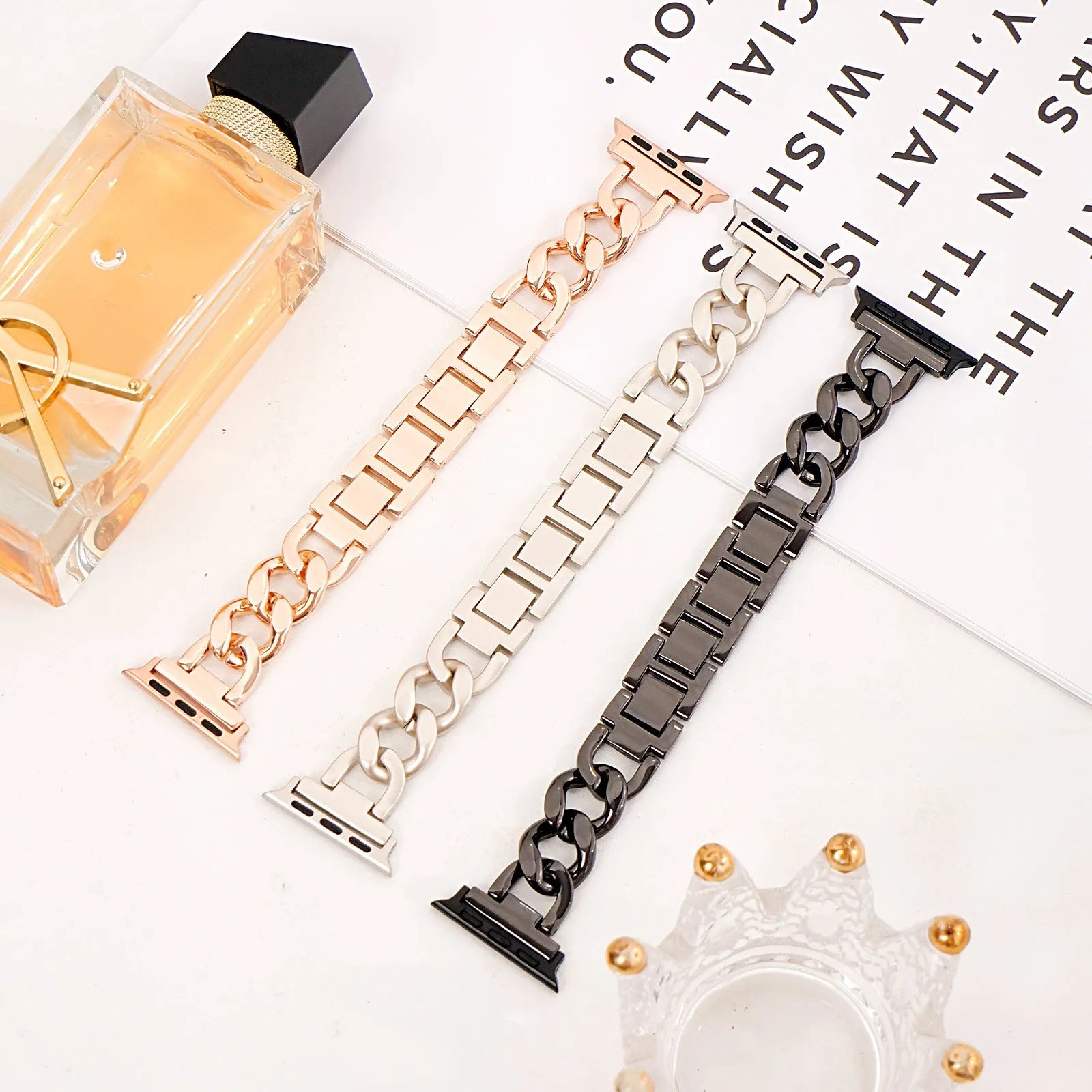 Denim chain pattern metal watch strap for Apple Watch in silver, shown with 22mm lugs.
