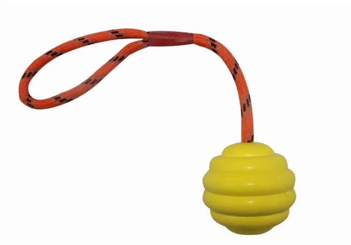 Multi-colour rubber dog toy ball with rope knot measuring 6x30cm for interactive play
