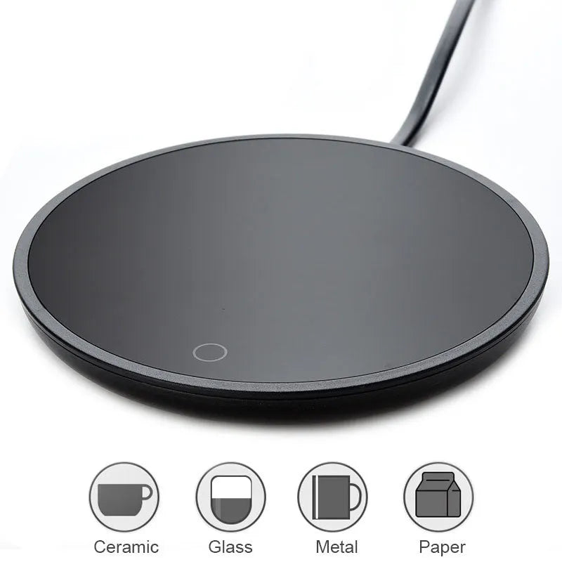 Black circular mug warmer with tempered glass surface and temperature switch