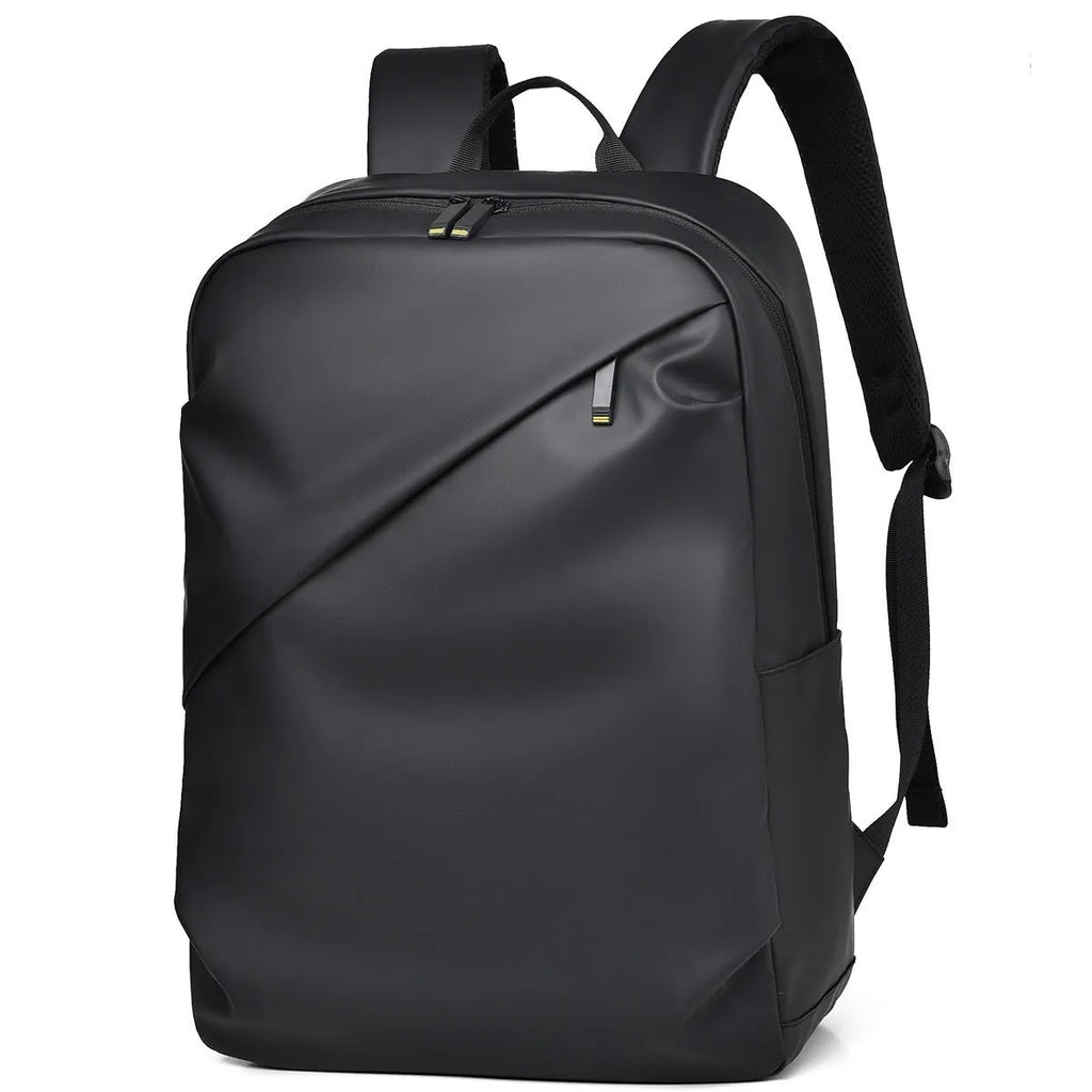 Waterproof PU leather backpack with sewing thread details in black, blue, and grey colour options
