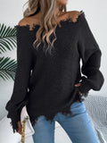Women's white cut off-the-shoulder pullover sweater with hollow-out design and long sleeves