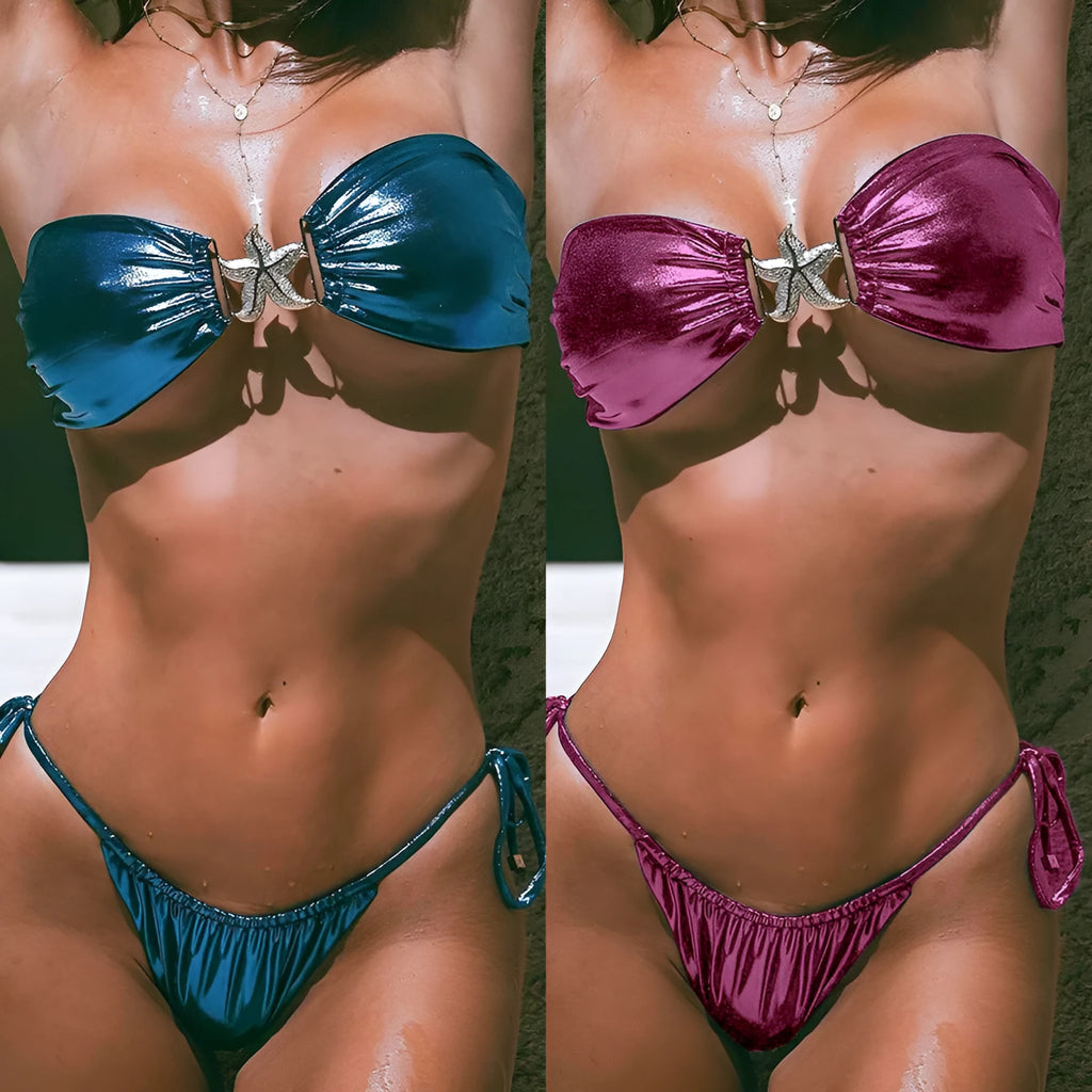 Women's glossy sapphire blue bikini set with gold starfish print on tube top and briefs.