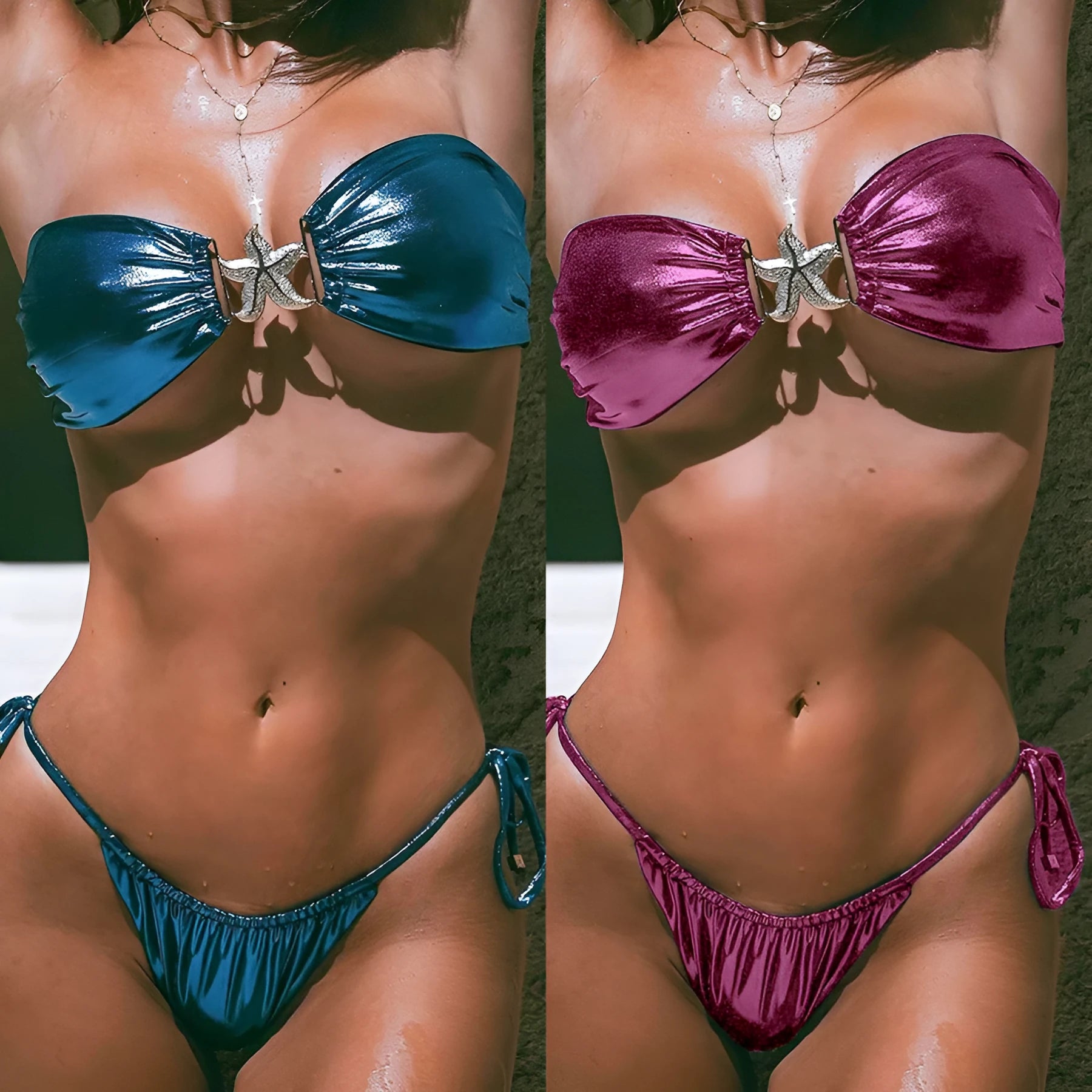 Women's glossy sapphire blue bikini set with gold starfish print on tube top and briefs.