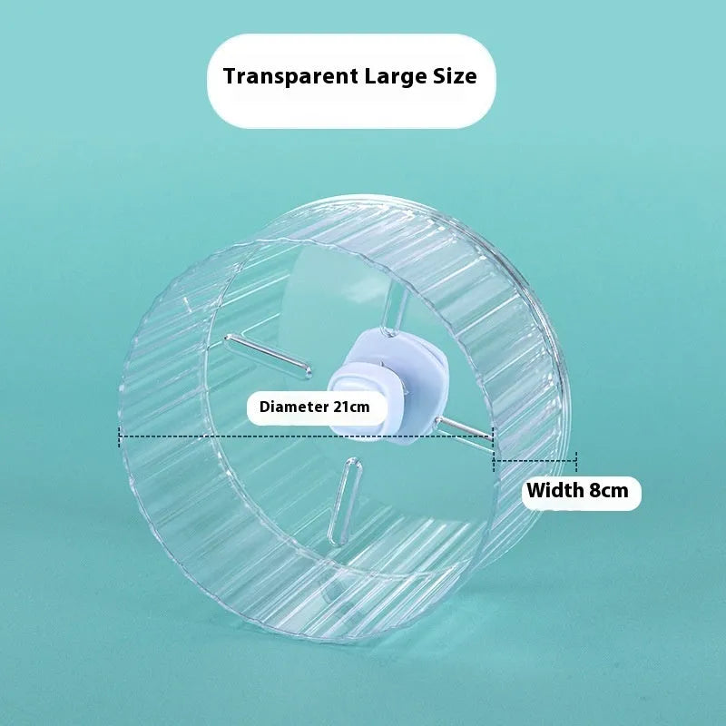 Plastic bird running wheel toy in green, orange, grey, purple or transparent colour, showing 21cm and 17cm diameter options