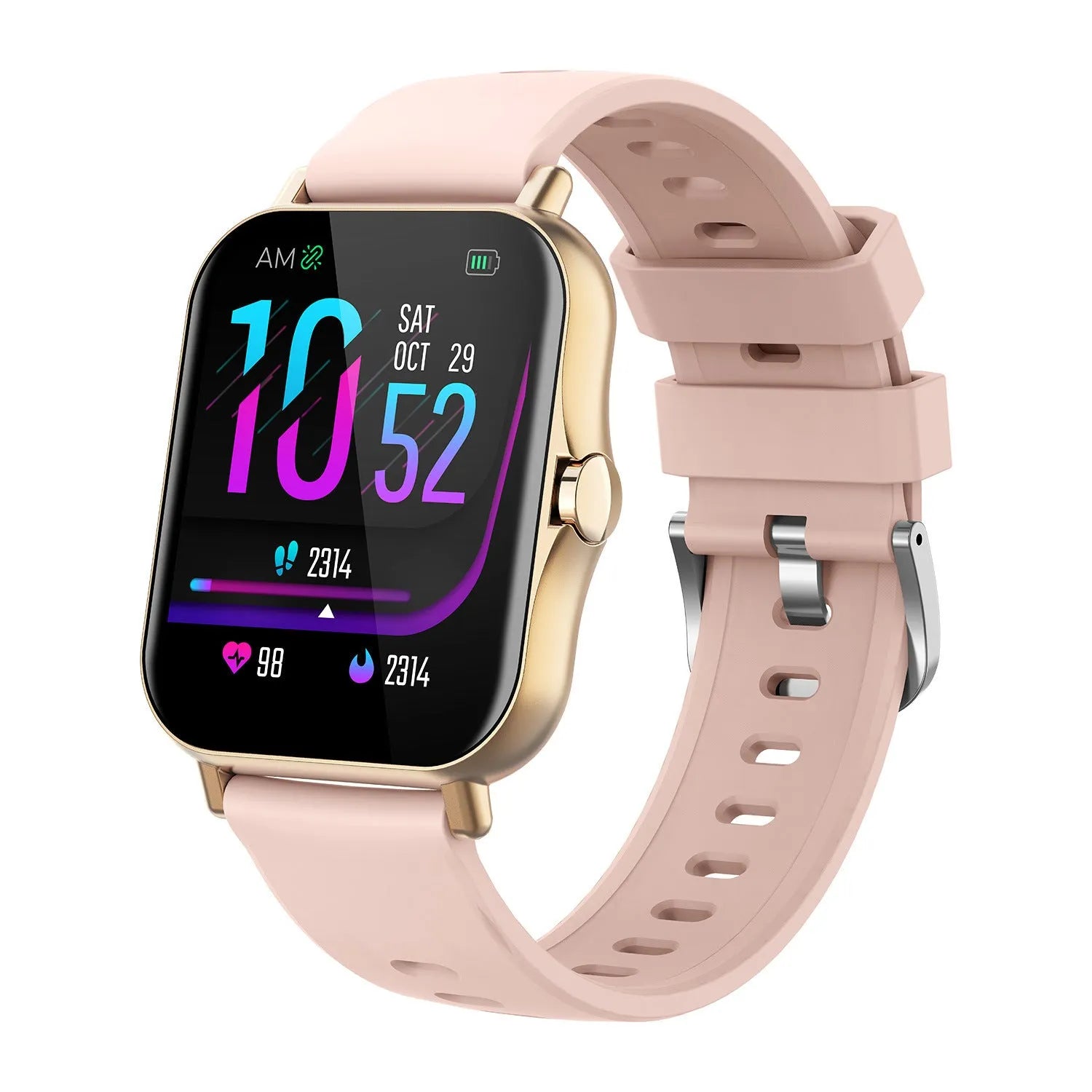 W10 Bluetooth smart watch for heart rate and blood pressure monitoring on wrist, showing touch screen.