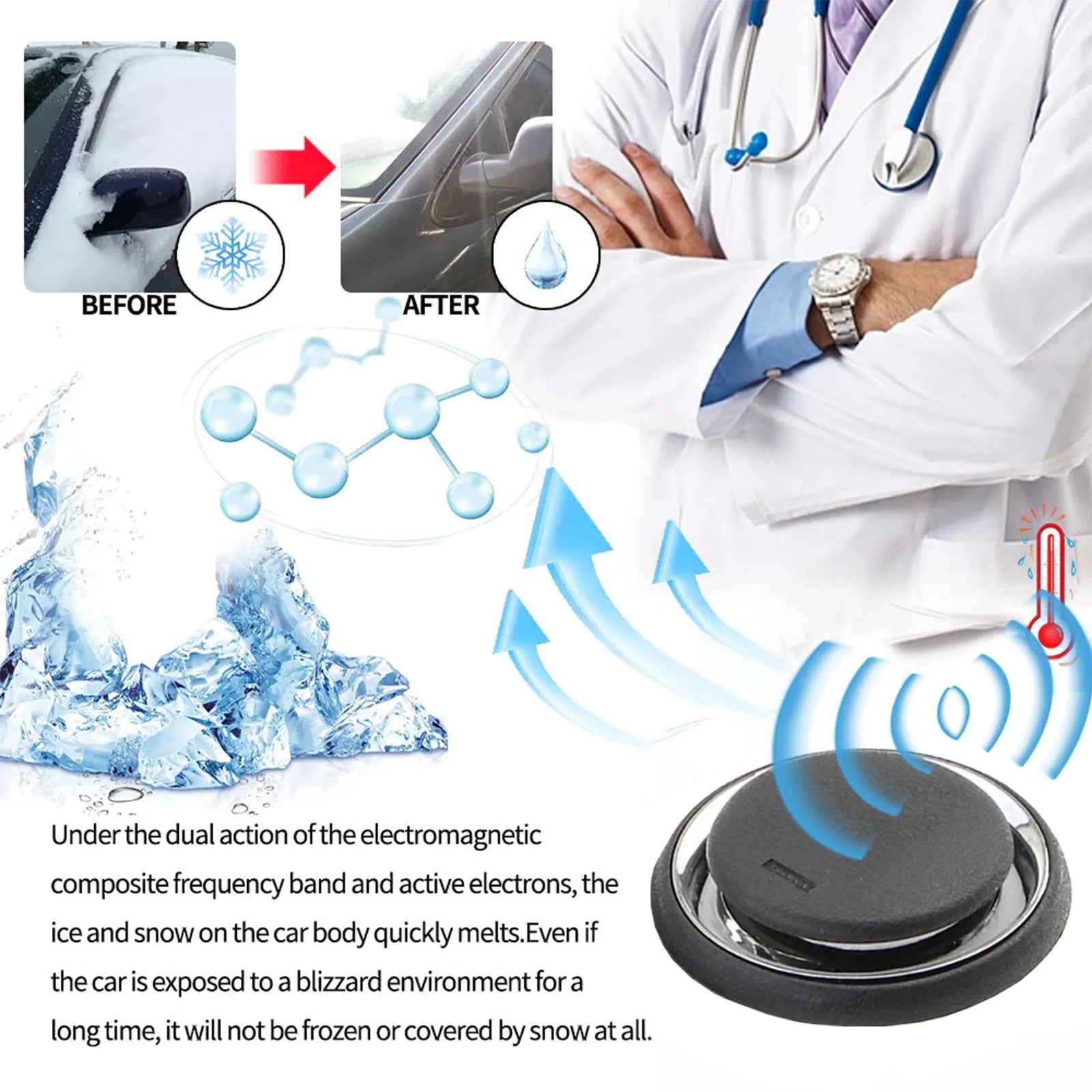 Black portable car deicing and snow melting instrument, 7.4cm wide.
