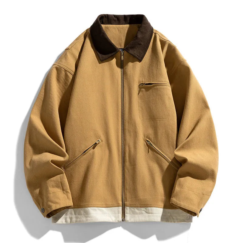 Men's loose fit autumn couple jacket with contrasting colour lapels and side seam pockets in retro workwear style