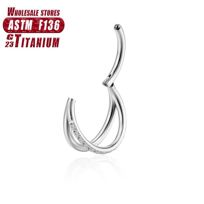 Titanium alloy L-shaped fork nose ring in silver, gold, black, rose gold and colourful finishes on a white background.