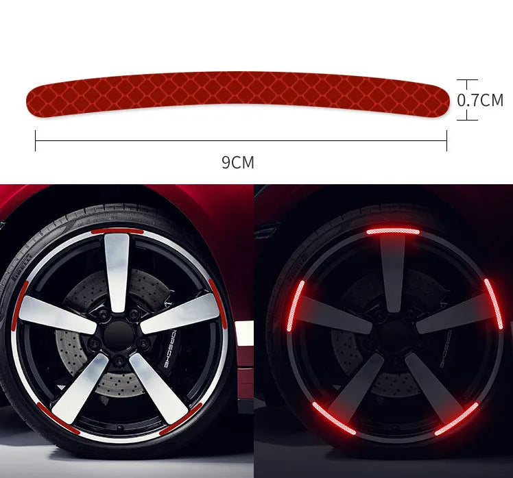 Pack of 20 arc-shaped PVC reflective stickers for car wheel hubs in assorted high-visibility colours.