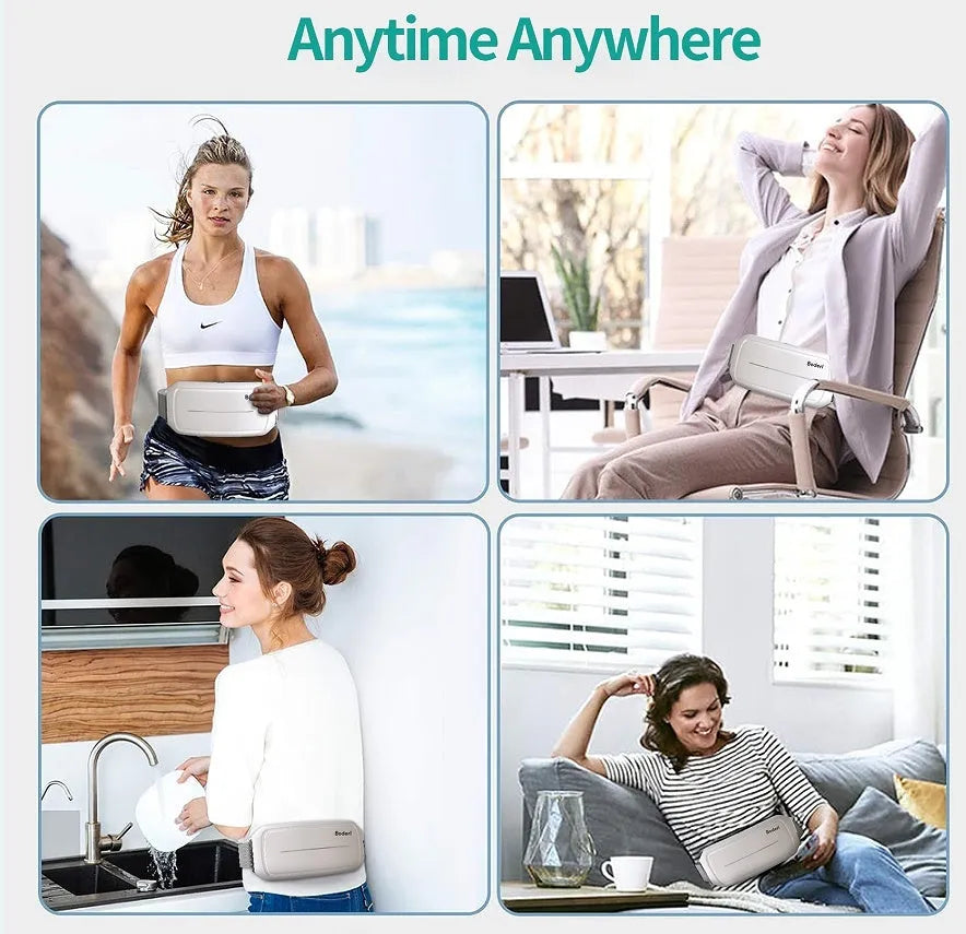White handheld tummy machine EMS abdominal toner with gel pads on a white background