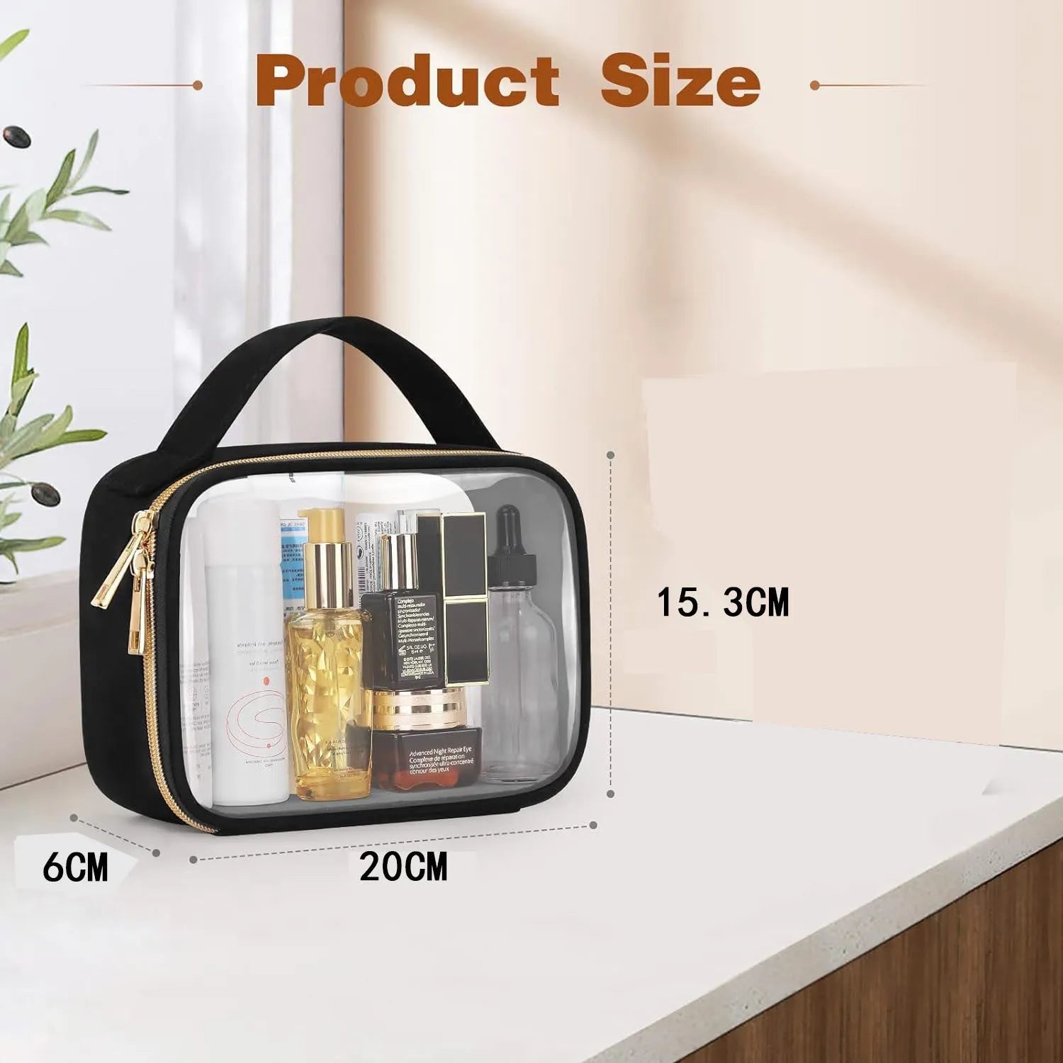 Transparent PVC makeup wash bag with a metal chain, showing various colour options.