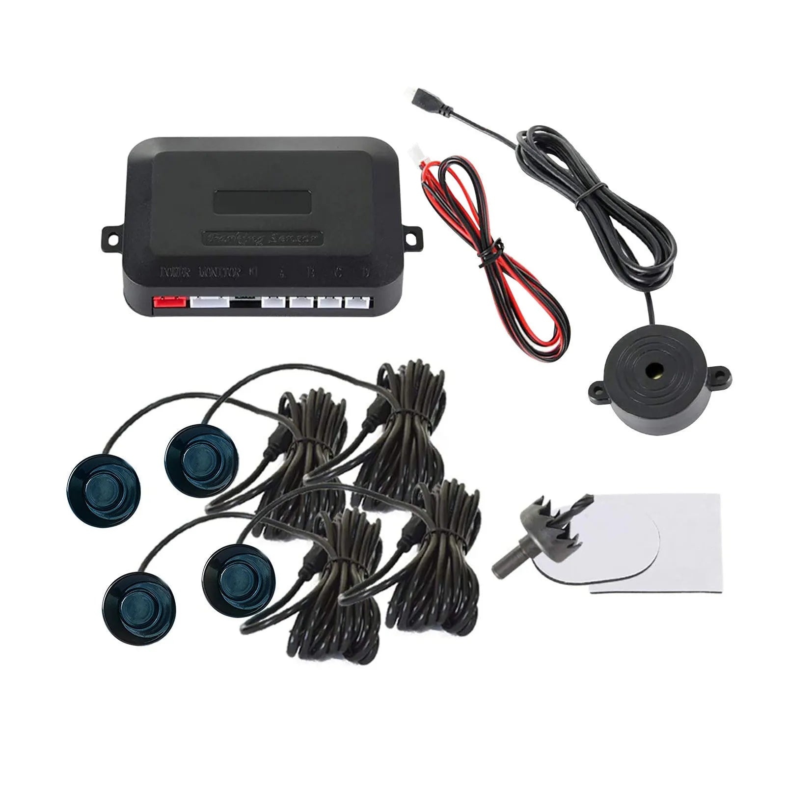 4-probe car reversing radar system with buzzer module, sensors, and installation tools