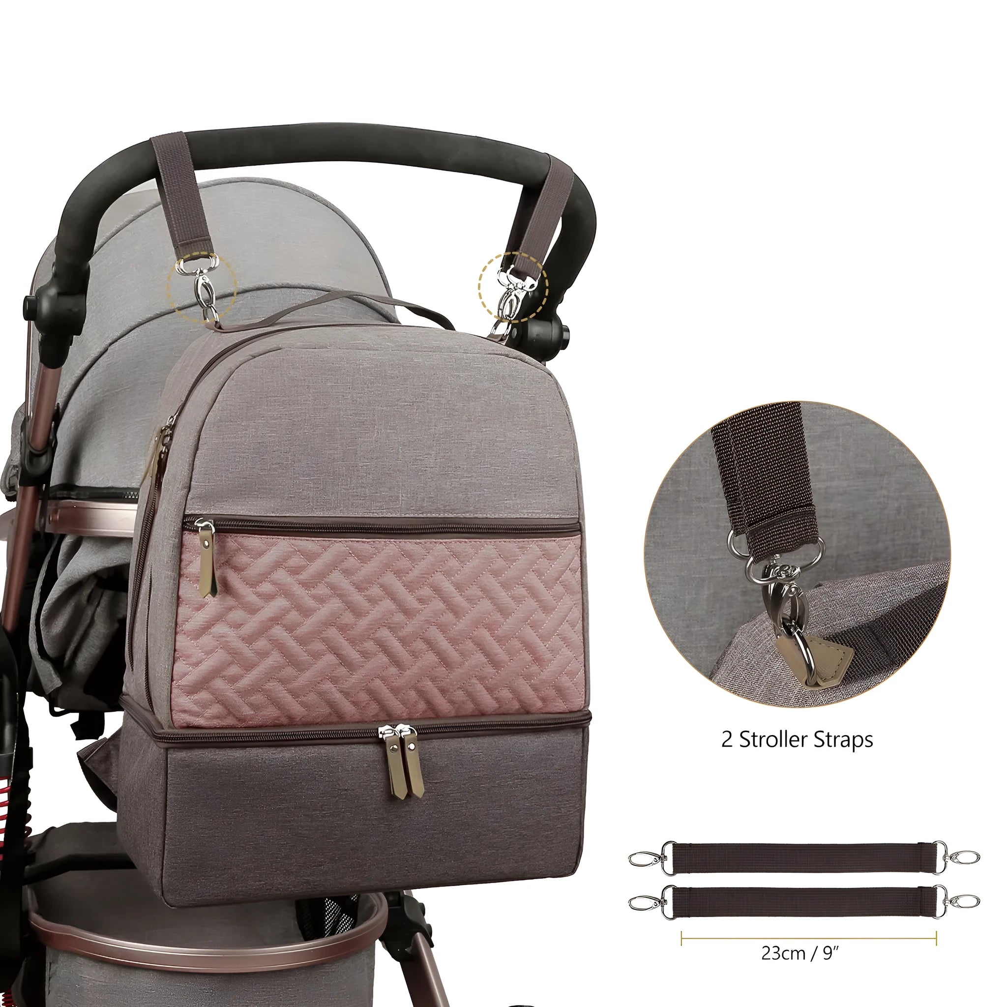 Grey insulated mother and child travel mummy backpack with curved shoulder straps and multiple compartments