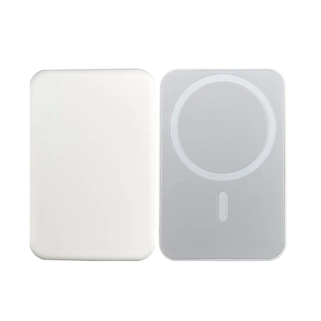 White magnetic wireless charger power bank with 5000mAh capacity measuring 100x65x16mm