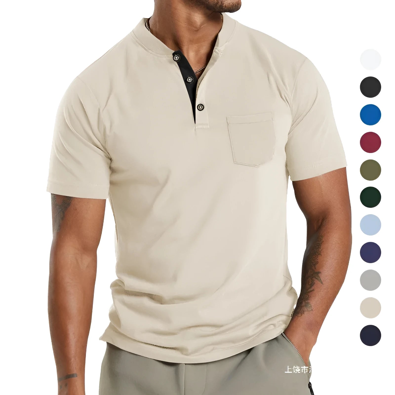 Men's plus size short sleeve casual shirt in polyester with a button chest pocket.