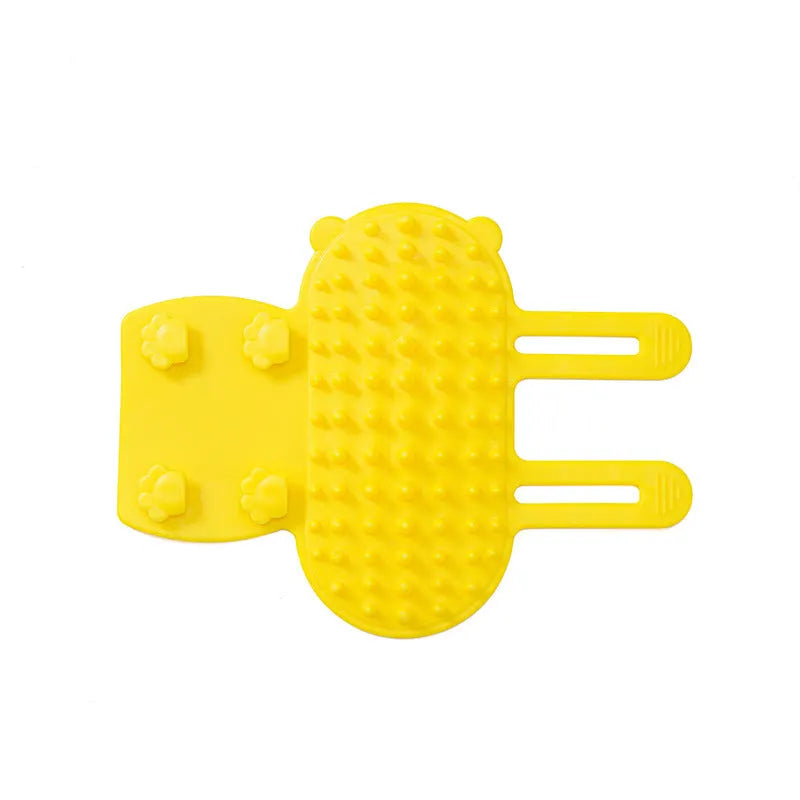 Silicone cat scratching massage comb with adjustable strap in one of four colours: black, green, pink, or yellow
