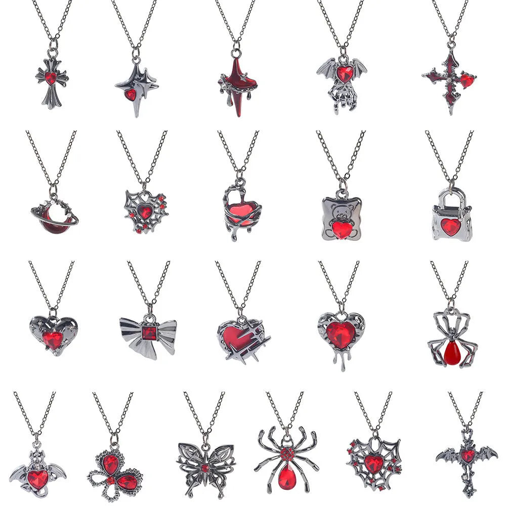 Dark style Halloween necklace with electroplated zinc alloy bat and spider pendant on a regular chain.