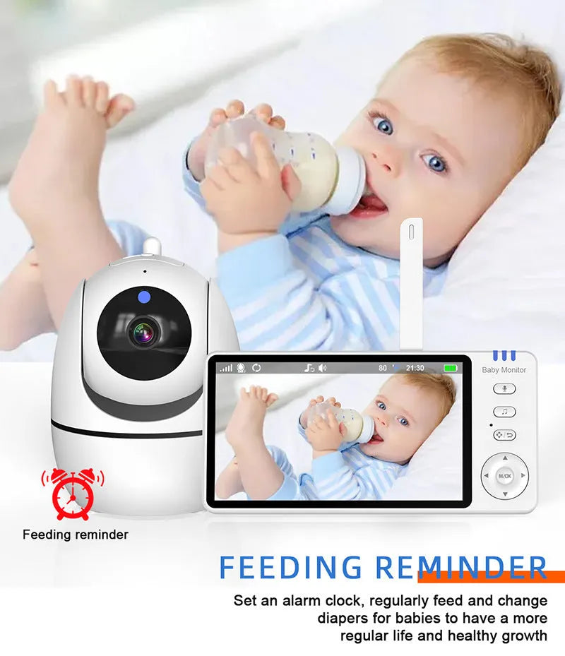 White wireless baby monitor with 5-inch screen showing baby room temperature display