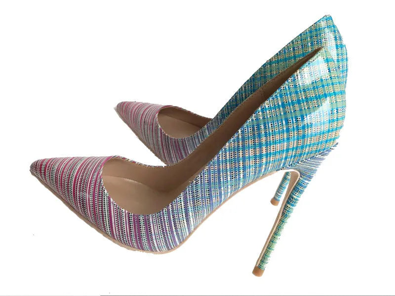 Ladies pink and blue gradient patent leather high heels with pointed toe.