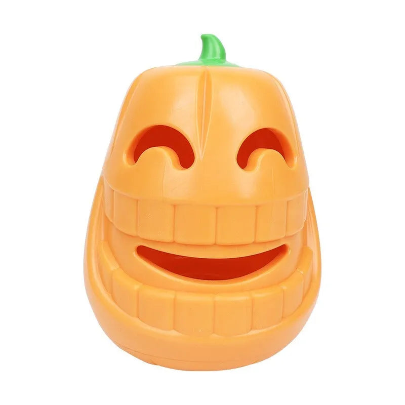 Orange Halloween pumpkin shaped dog chew toy with treat-dispensing funnel opening