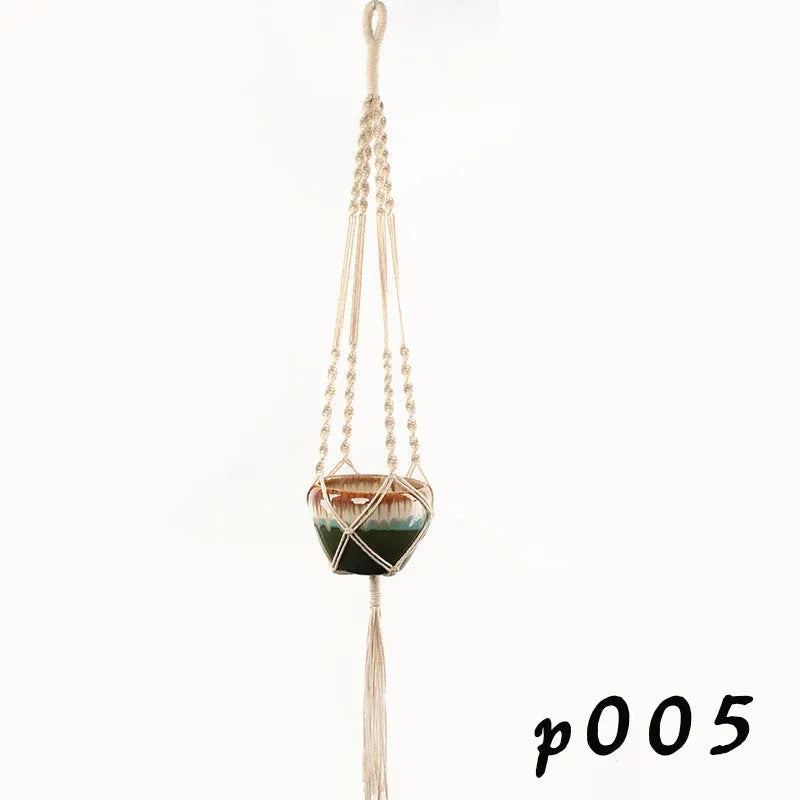 Cotton rope woven wire plant basket shown in desktop, wall hanging, and hanging basin styles.