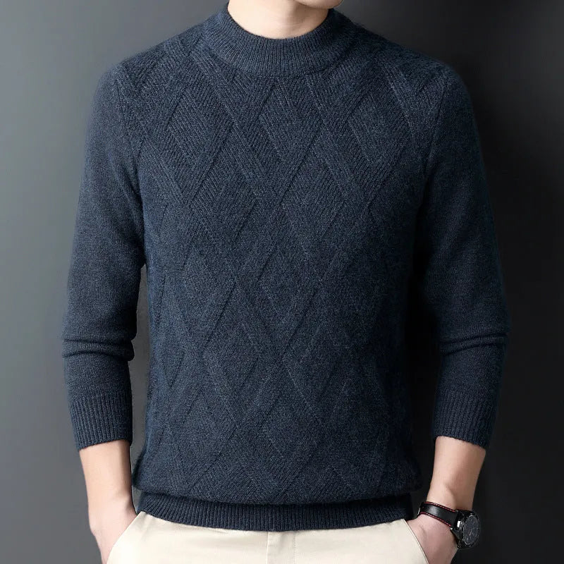 Men's diamond jacquard knit winter pullover sweater in a wool and polyester blend.