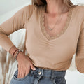 Women's solid colour casual top with lace trim and long sleeves in red