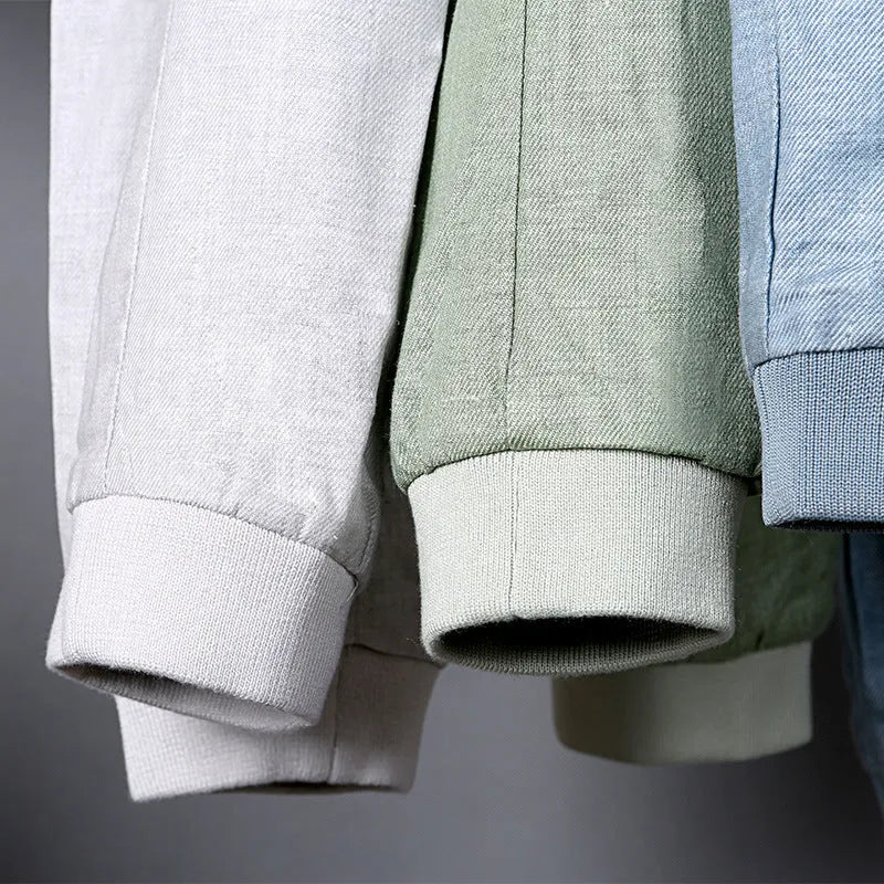 Men's thin cotton linen jacket in heather grey, grass green, and blue colours with regular cut