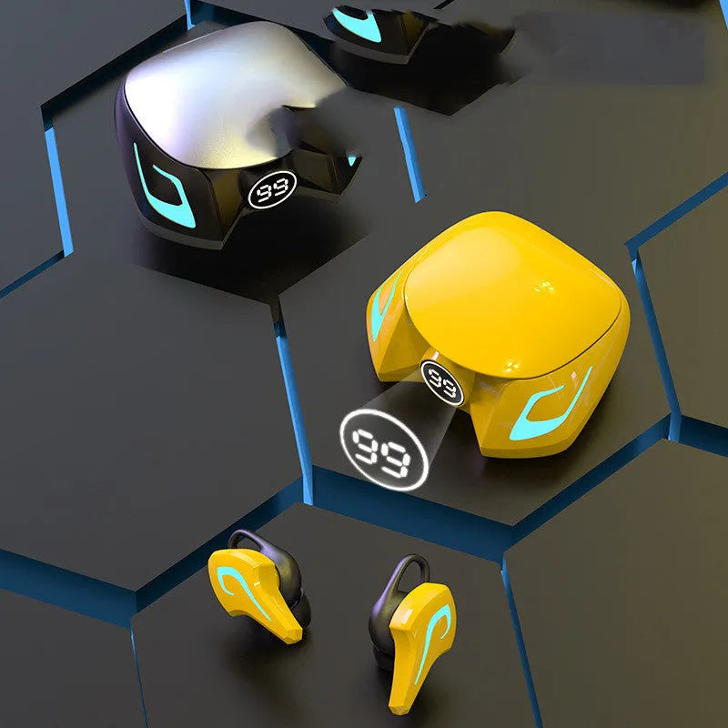Wireless Bluetooth 5.0 gaming earbuds with battery display in black grey and yellow colours