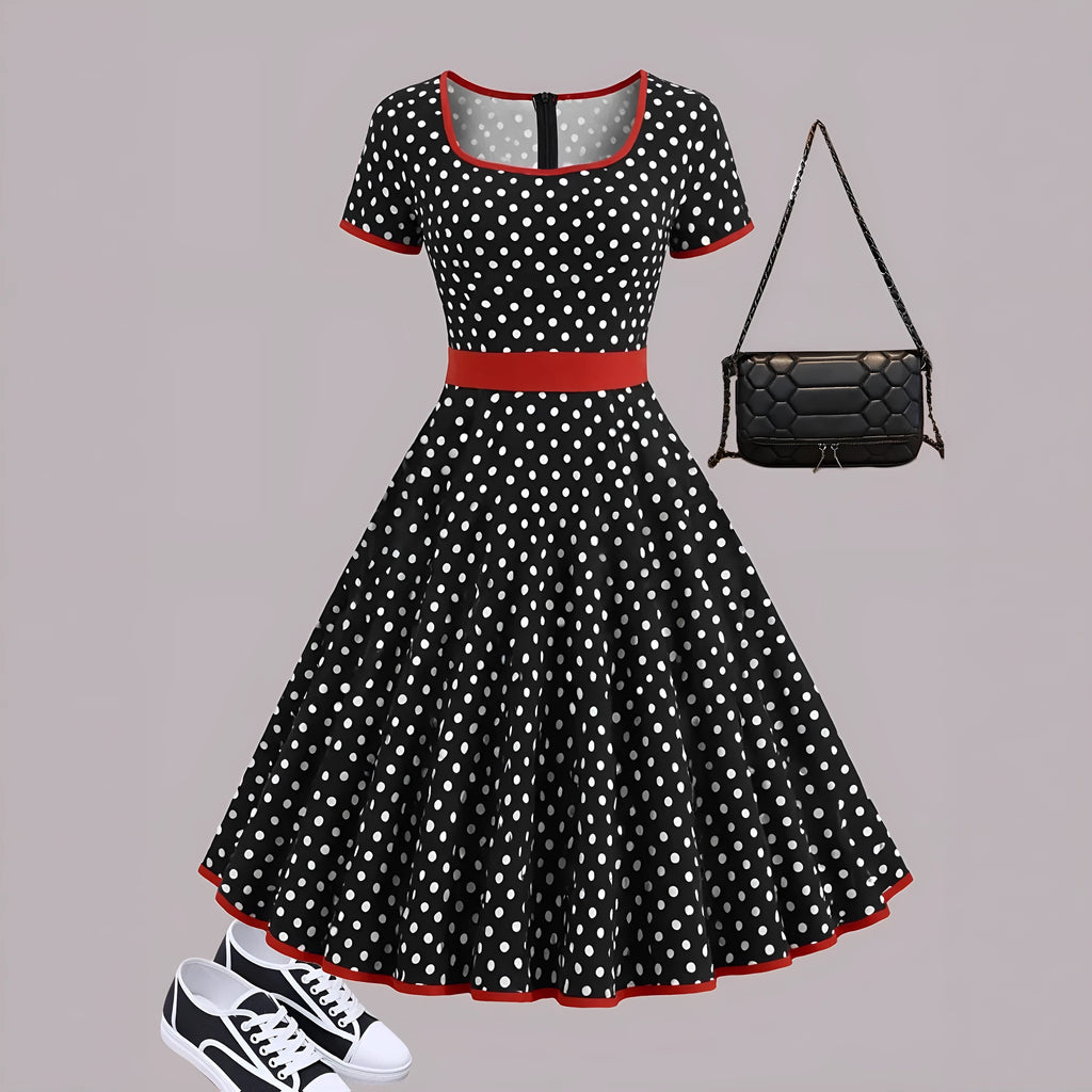 Multicolour polka dot pleated dress with a square collar and short sleeves.