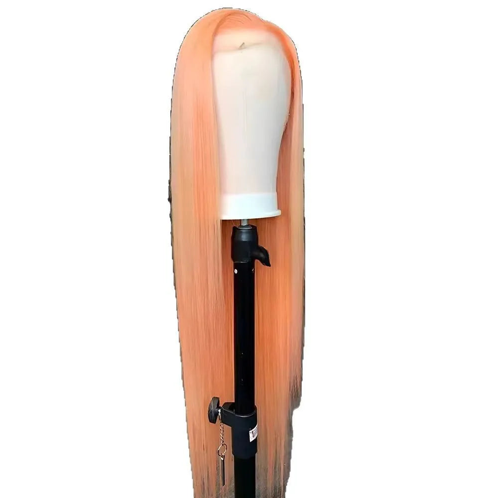 Light orange long straight synthetic wig with front lace and side bangs on display